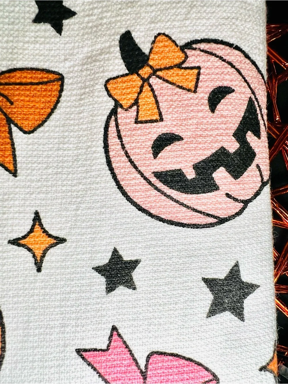 2 Halloween Pumpkins & Ribbon Bows Kitchen Towels Pink & Orange Jack o Lanterns